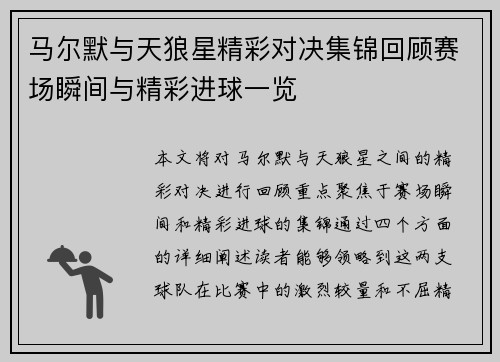 马尔默与天狼星精彩对决集锦回顾赛场瞬间与精彩进球一览
